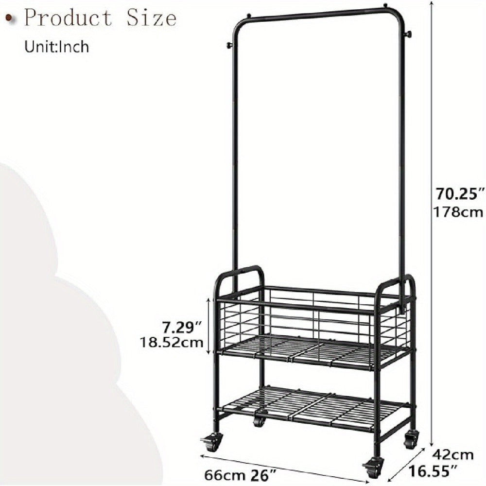 Rolling Laundry Basket with Wheels and Hanging Rack, Laundry Sorter Cart with Shelf and Locking Casters, Heavy Duty Steel Frame, Multifunctional Clothes Hamper for Laundry Room Bedroom Bathroom, White Black Silver