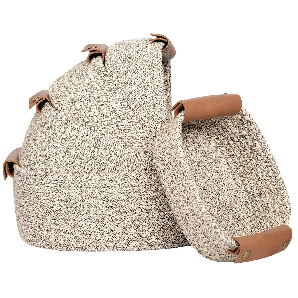 Cotton Rope Storage Basket Set of 5 Woven Baskets with Leather Handles for Shelves Bathroom Bedroom Living Room Office Organizer Bins Boho Home Decor Natural Brown White Black
