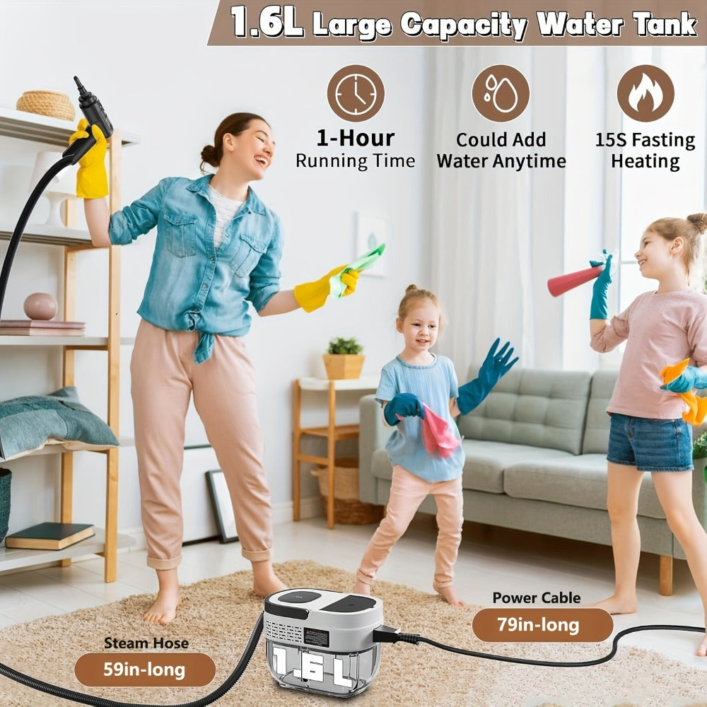 High Pressure Steam Cleaner Handheld 1.6L Large Tank 3-Level Adjustable Handle for Home Car Detailing Bed Bugs Couch Grout Furniture
