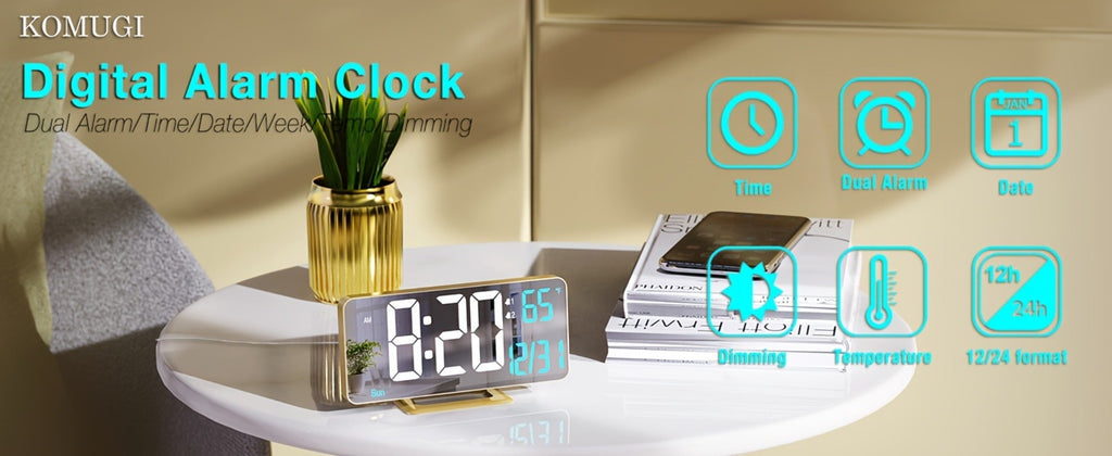 Large Digital Alarm Clock 6.7¡± with Dual Alarm & Dimmable LED Display ¨C USB Powered Desk Clock with Temperature, Date & Day of Week | Modern Golden Bedside Clock for Bedroom, Living Room & Office
