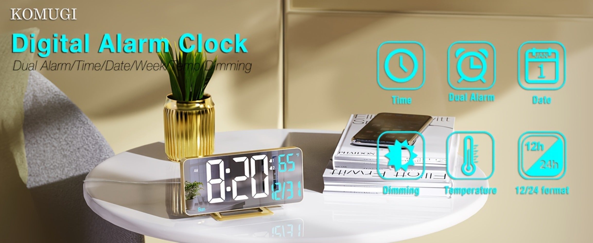 Large Digital Alarm Clock 6.7¡± with Dual Alarm & Dimmable LED Display ¨C USB Powered Desk Clock with Temperature, Date & Day of Week | Modern Golden Bedside Clock for Bedroom, Living Room & Office