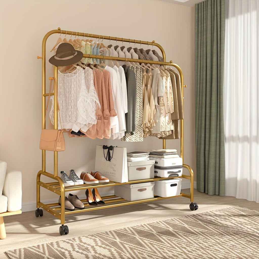 Heavy Duty Metal Clothing Rack Double Rod with Wheels Shelves and Hooks Freestanding Garment Rack 300LB Capacity Closet Organizer for Bedroom Laundry Room
