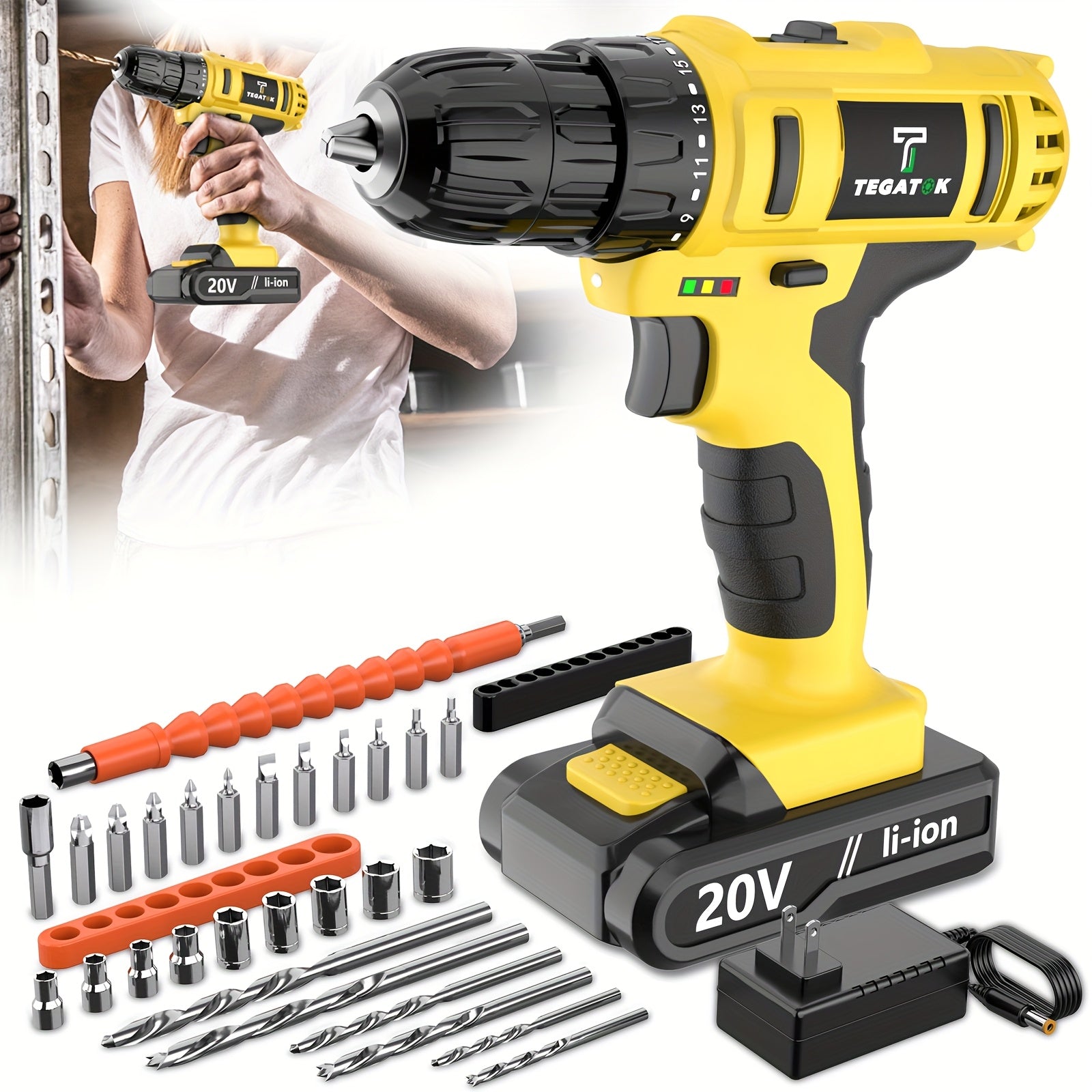 20V Cordless Drill Set Impact Power Drill 3/8 Inch Keyless Chuck 18+3 Clutch 45Nm Max Torque 2-Speed Work Light 2.0Ah Battery Fast Charger 136 148 PCS Kit