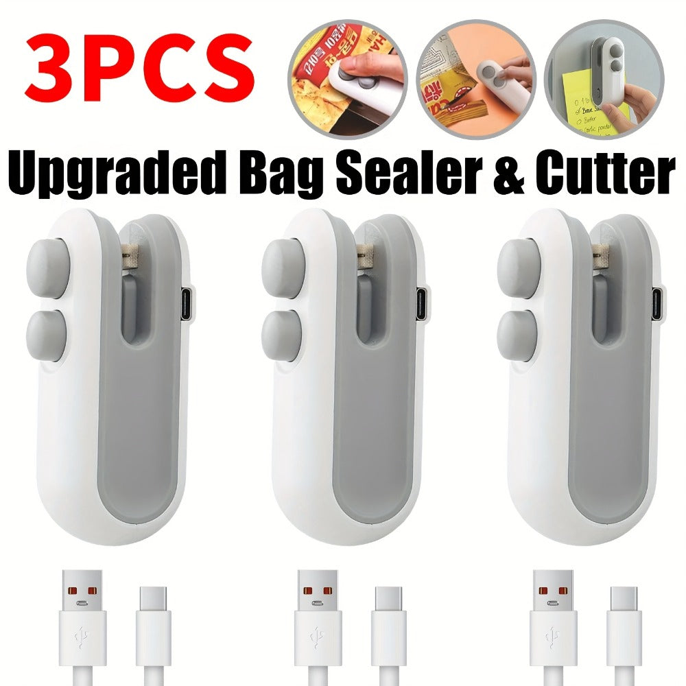 Bag Sealer Handheld Heat Sealer 3-Pack ¨C USB-C Rechargeable 2-in-1 Magnetic Food Sealer with Cutter, Snack Bag Resealer for Plastic Bags, Kitchen Food Freshness, Home & Outdoor Use