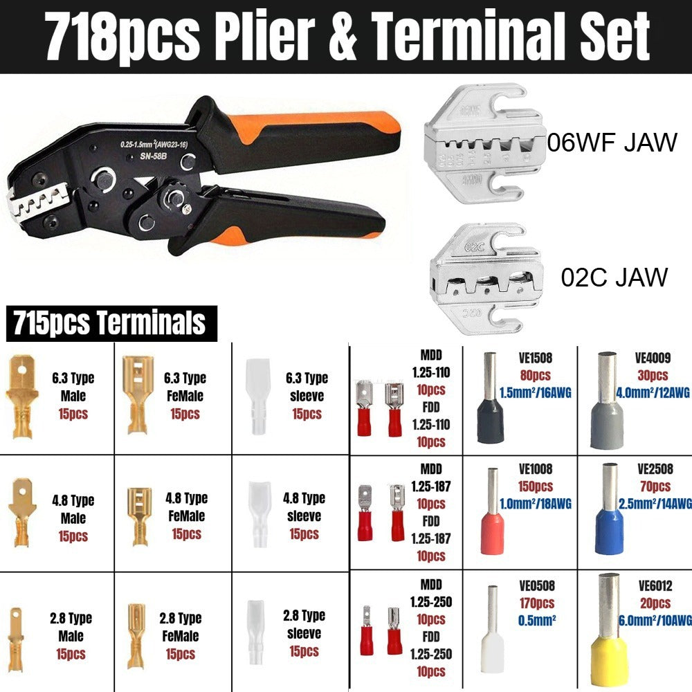 Wire Crimper Kit 718pcs SN-68B Ratchet Crimping Tool AWG28-16 with Replaceable Jaw & Assorted Terminals ¨C Insulated Cable Connector Male Female Pair Electrical Wiring Set
