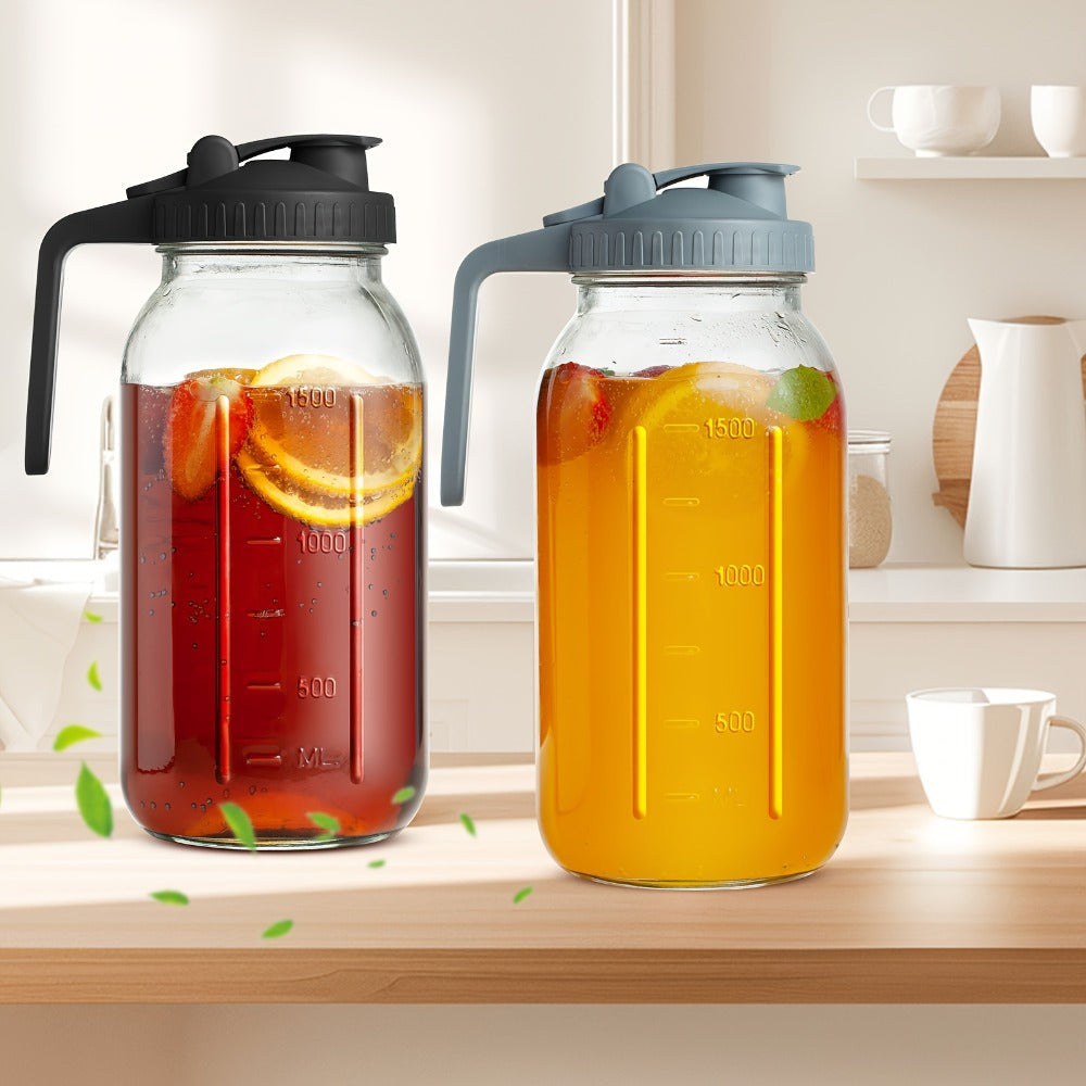 Mason Jar Pitcher 64oz Wide Mouth Glass Pitcher with Pour Spout & Handle ¨C 2 Pack Leak Proof Iced Tea Pitcher for Fridge, Coffee Creamer, Sun Tea & Juice