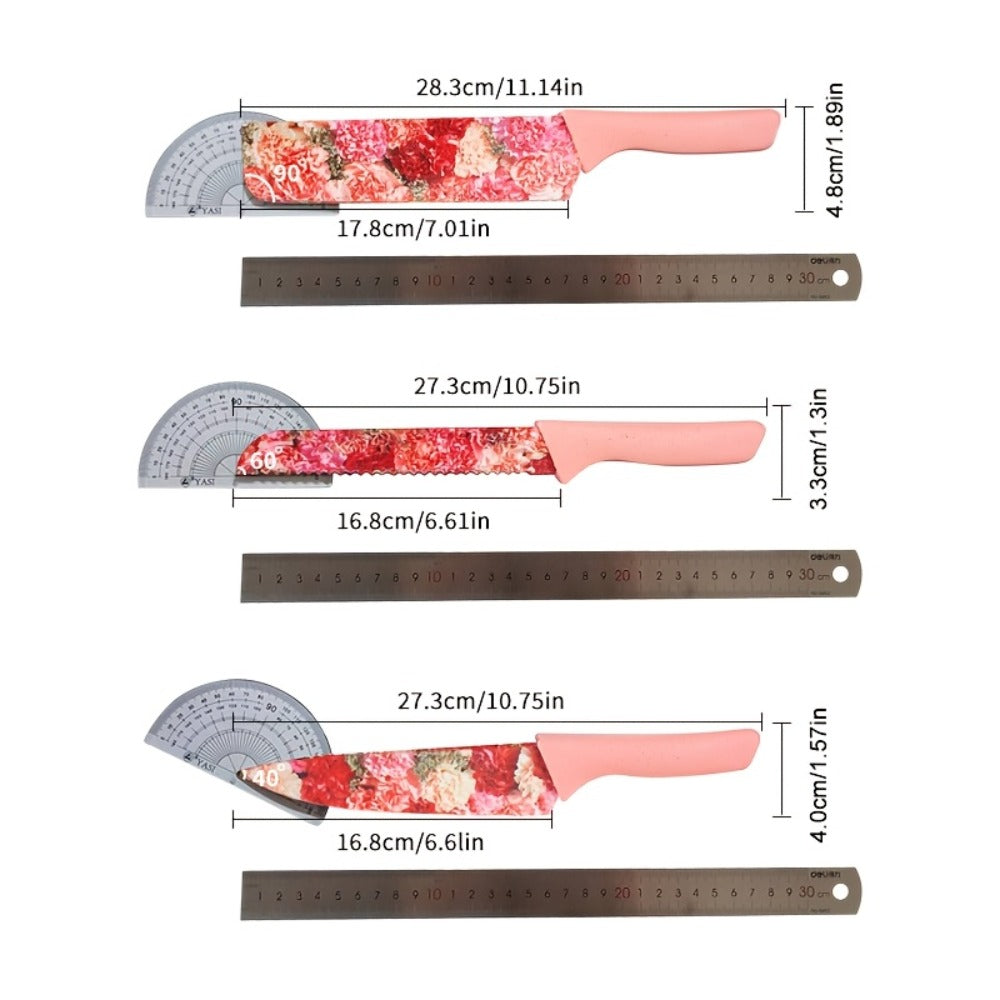 Kitchen Knife Set 6 Piece with Floral Pattern, High Carbon Stainless Steel Chef Knife Set with Ergonomic Handle, Sharp Meat Cleaver Bread Knife Scissors Peeler, Colorful Cooking Knife Gift Set for Women Men