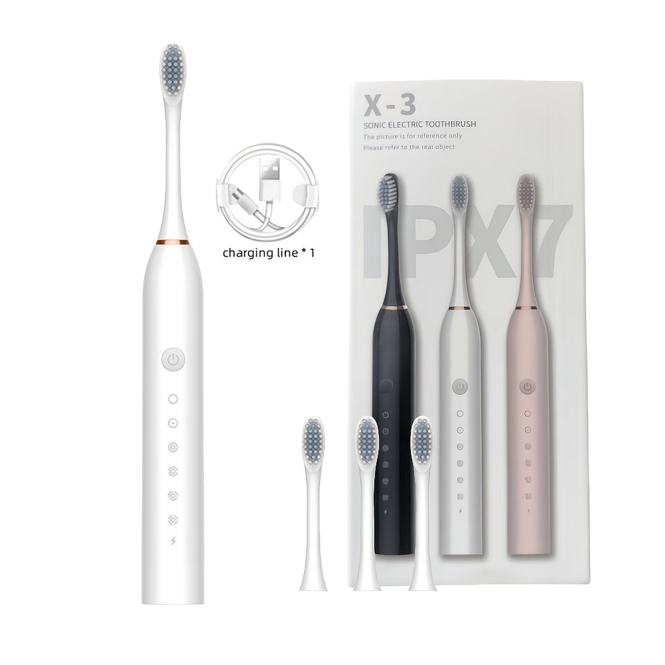 Rechargeable Electric Toothbrush with 6 Cleaning Modes & Smart Timer ¨C USB Sonic Toothbrush for Adults, Replacement Heads Included, 3 Colors, Whitens Teeth & Protects Gums, Great Family Gift