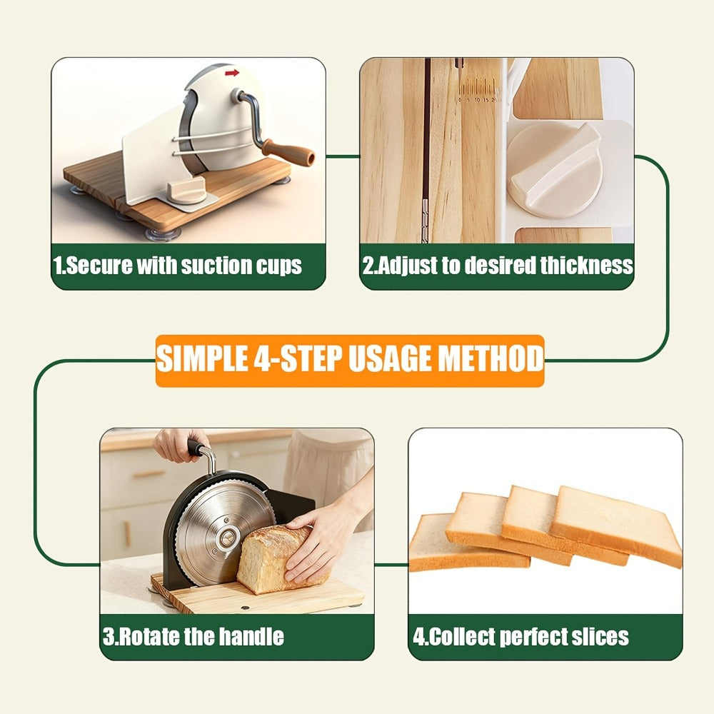 Bread Slicer Manual Adjustable Thickness Uniform Slices Hand Crank Serrated Blade Suction Base Measurement Markings for Sourdough Artisan Homemade Bread Loaf