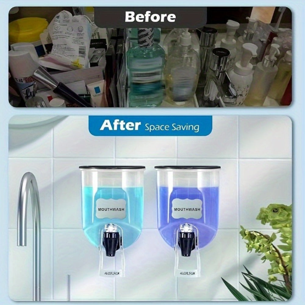 Mouthwash Dispenser Wall Mounted 2-Pack 21 oz Plastic Container - No Electricity Required, Space Saving Bathroom Organizer for Countertop Storage, Durable Refillable Liquid Soap & Rinse Dispenser