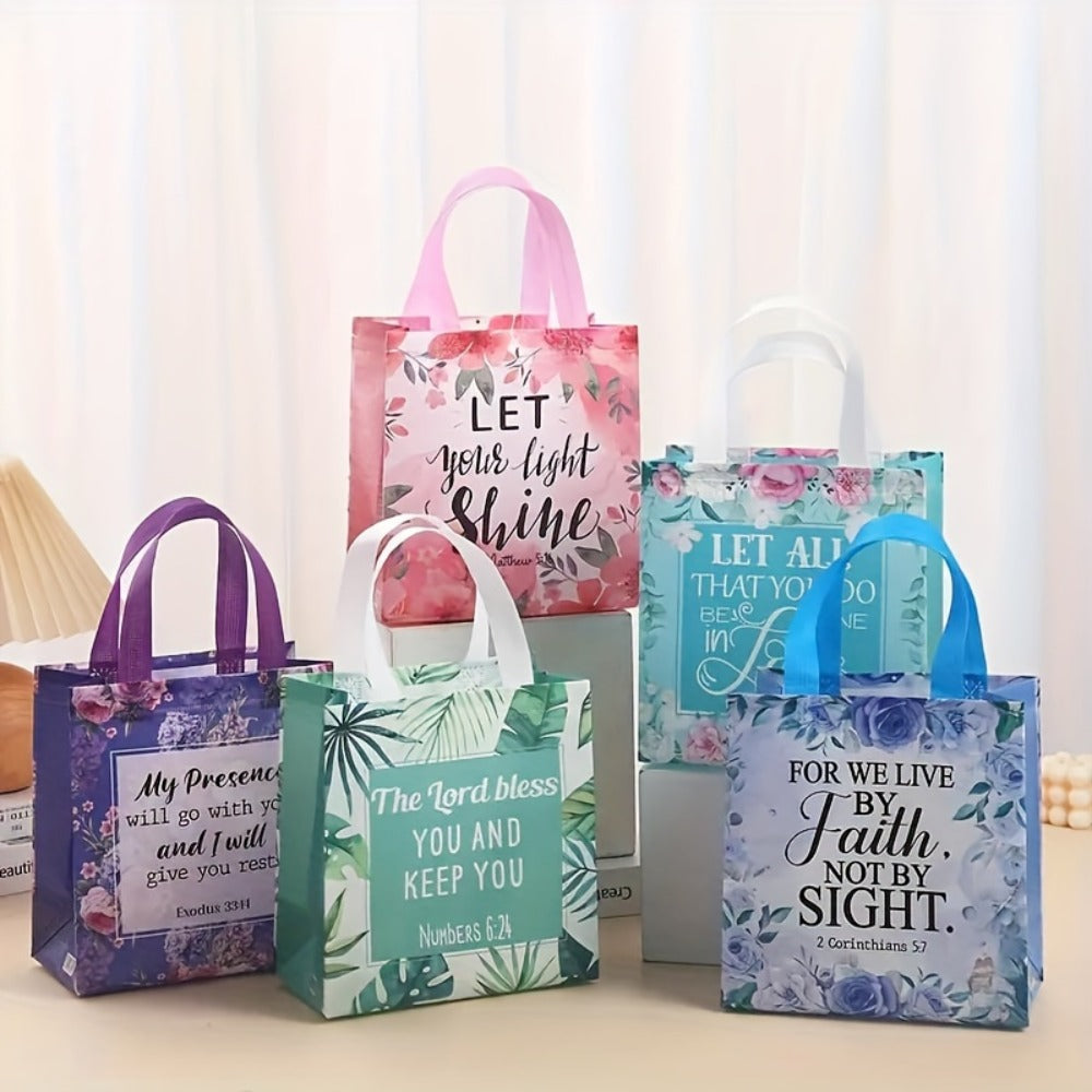 Bible Verse Tote Bags Bulk 32 Pcs Floral Religious Gift Bags with Handles Reusable Non-Woven Inspirational Bags for Christian Baptism Wedding Birthday Church Women Girls Party Favor Bags