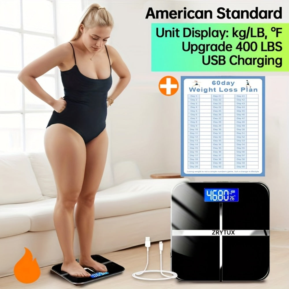 USB Rechargeable Bathroom Scale 400lb ¨C Smart Digital Body Weight Scale, HD LCD & Fahrenheit Temperature Display, kg/lb Switch, Ultra-Wide Platform, USB Charging or Battery Powered, Black & Pink