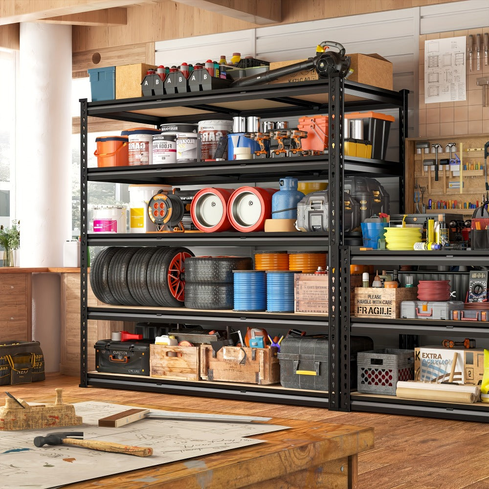 5-Tier Heavy Duty Garage Shelving Unit 2000LBS ¨C Metal & Wood Storage Shelves, Adjustable Utility Rack for Garage, Basement, Pantry, Warehouse, Kitchen & Office, Tool-Free Assembly, Black