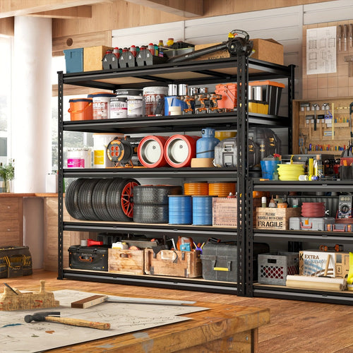 5-Tier Heavy Duty Garage Shelving Unit 2000LBS ¨C Metal & Wood Storage Shelves, Adjustable Utility Rack for Garage, Basement, Pantry, Warehouse, Kitchen & Office, Tool-Free Assembly, Black
