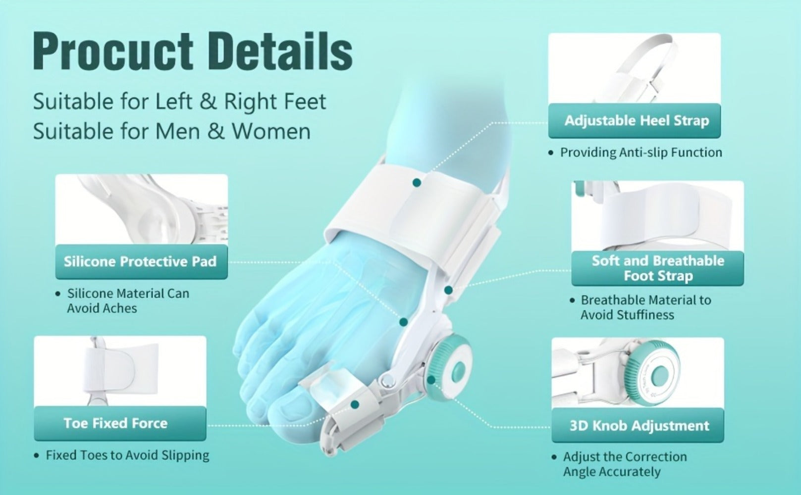 Bunion Corrector Big Toe Night Splint, Adjustable Hallux Valgus Brace with Knob & Heel Strap for Left & Right Foot, Toe Straightener for Men & Women ¨C Relieves Bunion Pain & Corrects Toe Alignment (1pc)