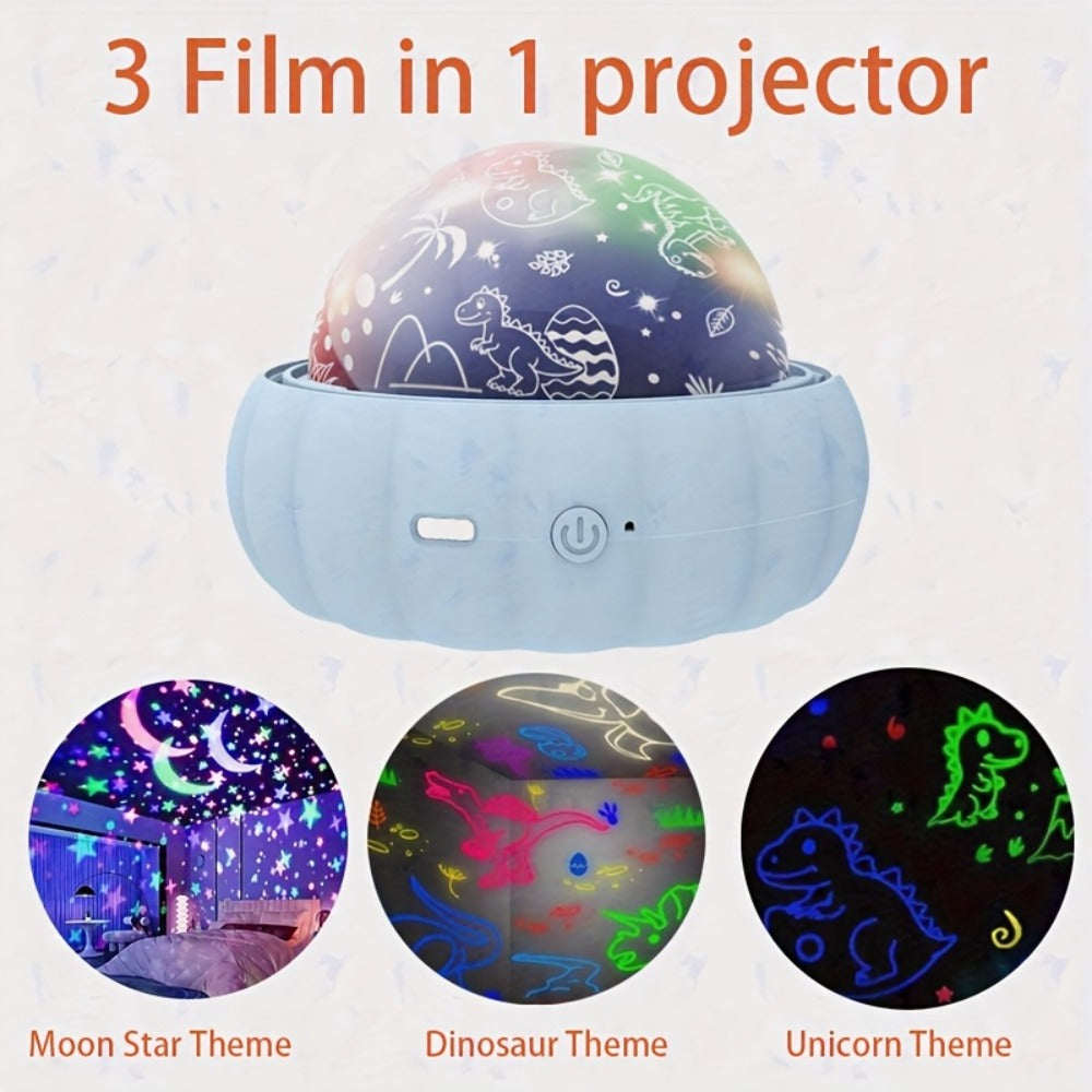 360¡ã Rotating Projector Night Light ¨C 4-Color LED Auto-Rotating Starry Sky Atmosphere Lamp with Unicorn & Dinosaur Projections, USB Powered for Party, Home Decor, Kids Room & Holiday Gifts