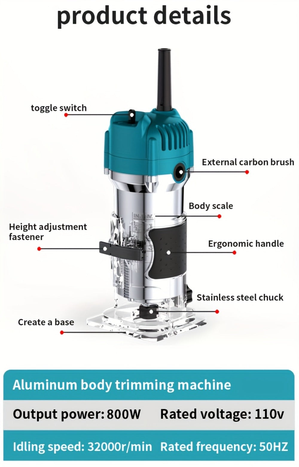 Wood Router 800W Trim Router for Woodworking - 35000RPM Electric Router with Edge Guide, Roller Guide, 6-Speed Adjustment for Precise Trimming, Profiling & Milling
