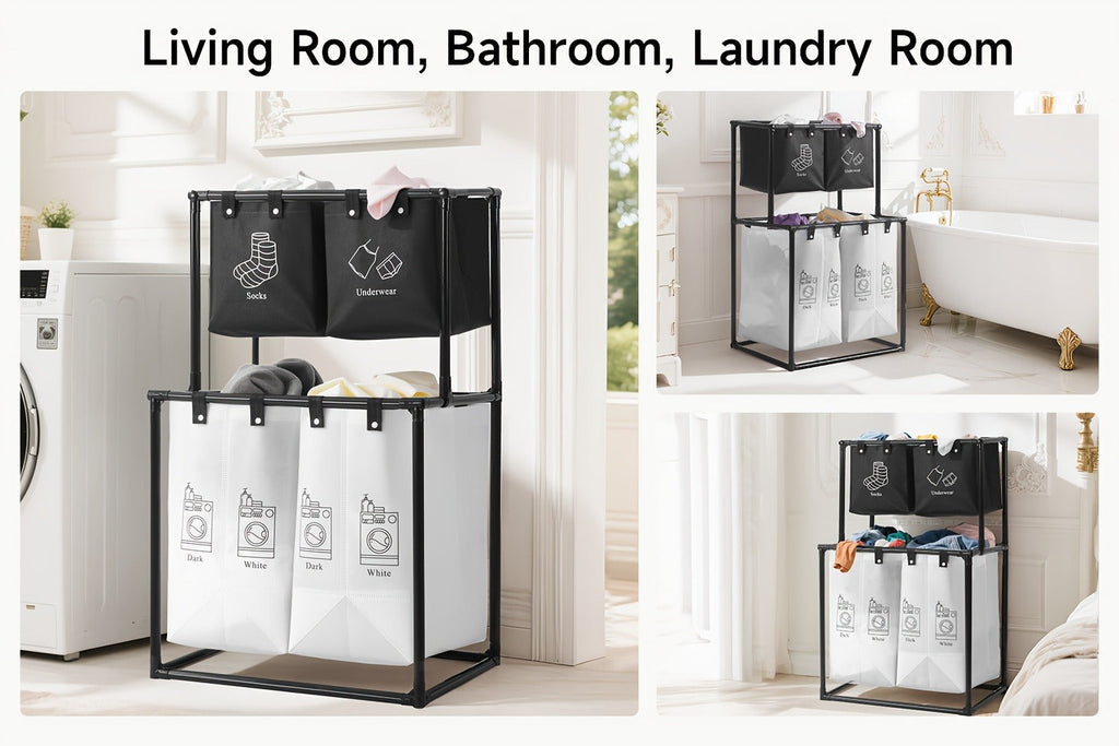 Laundry Sorter 2-Tier with Removable Bins - Collapsible Clothes Hamper Oxford Fabric Double Laundry Basket for Bedroom Bathroom Kids Adults Dorm Travel with 10 Cable Ties