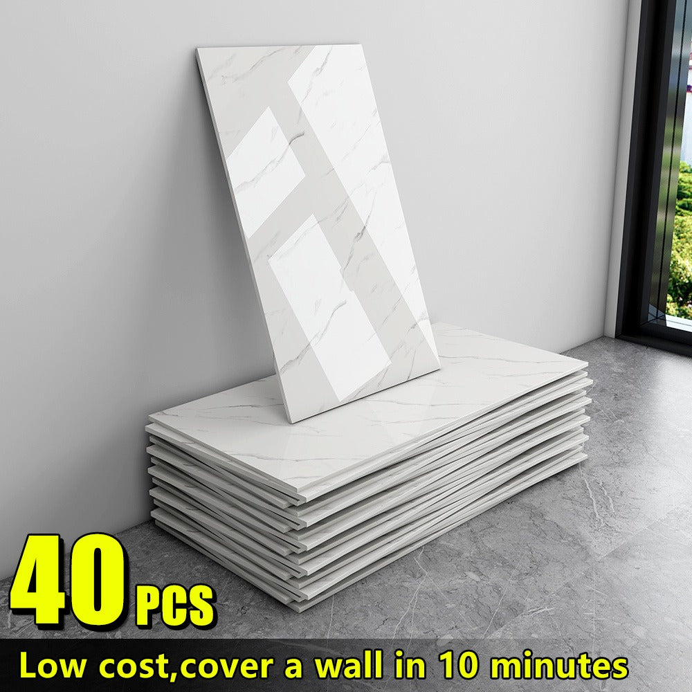 Marble Peel and Stick Wall Panels Self-Adhesive 3D Decorative Tiles - Glossy Marble Sheets for Bathroom Kitchen Living Room - Removable Vinyl Planks White Grey Black Imitation Stone DIY Home Decor