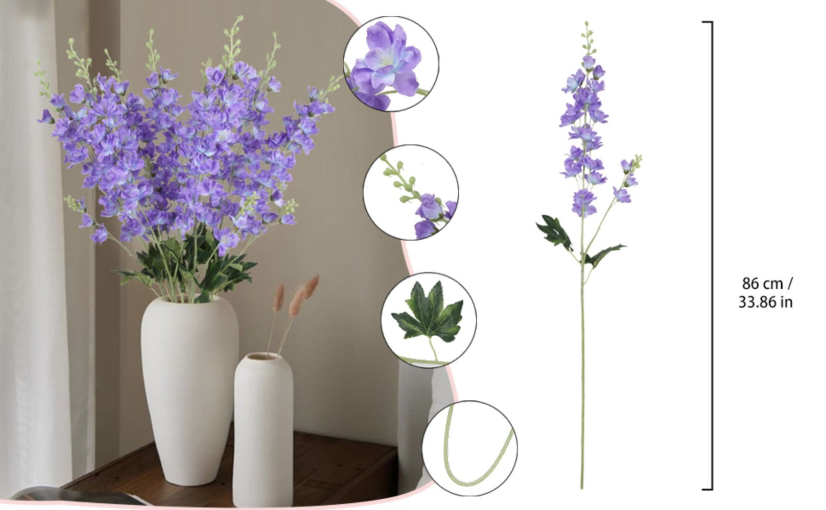 Artificial Delphinium Flowers 8pcs 33.5 Inch Faux Larkspur Stems for Wedding Centerpieces, Tall Silk Flower Bouquet for Home Vase Table Garden Decor