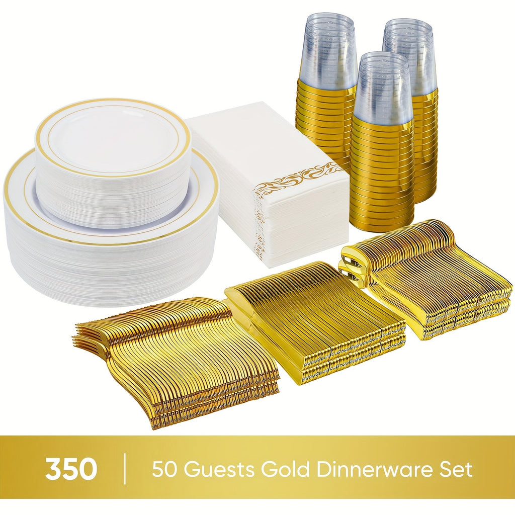 Disposable Party Dinnerware Set 350 700 Pieces Gold Silver Plastic Plates Salad Plates Cutlery Cups Napkins for 50 100 Guests Wedding Birthday Graduation Party