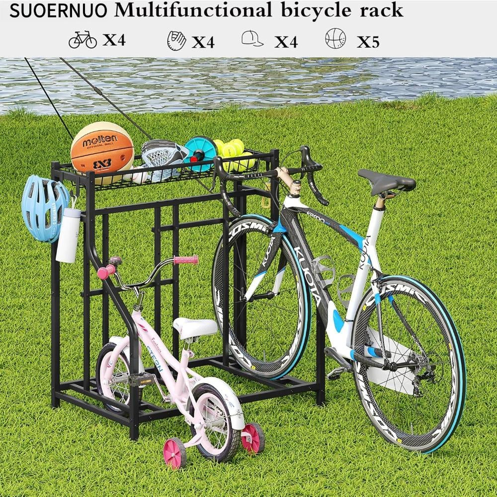 Freestanding Bike Storage Stand with Basket & Hooks ¨C Adjustable Floor Rack for 3-4 Bikes, Indoor Outdoor Garage Organizer