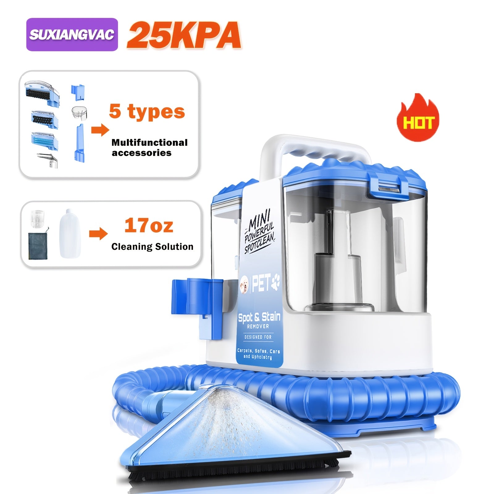 Portable Carpet Cleaner 25Kpa Upholstery Cleaner Machine with Dual Brush Heads Self-Cleaning Pet Stain Remover for Sofa Couch Car Seat Rug Mattress Spot Cleaner
