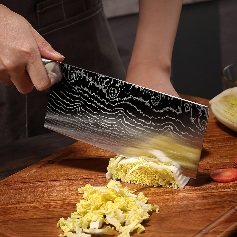Kitchen Knife Set 7-Piece Damascus Pattern Stainless Steel with Universal Knife Block Holder ¨C Chef Knife, Fruit Knife & Safety Knives Included, Non-Slip Handle