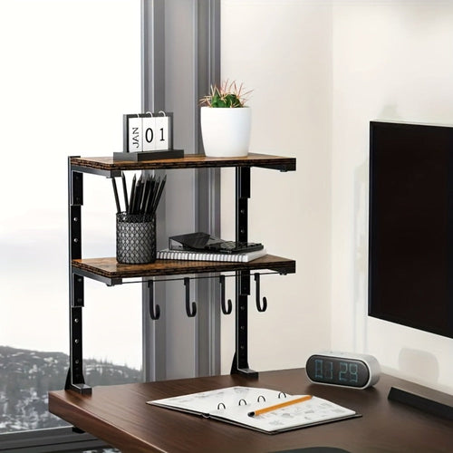 2-Tier Desktop Storage Shelf ¨C Heavy-Duty Carbon Steel Desk Organizer, Adjustable Space-Saving Rack with Rustic Brown Finish, No Tools Needed, for Home Office Desk Workshop Workspace