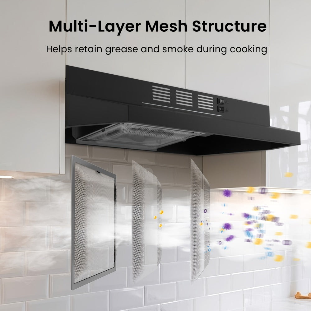 Range Hood 30 Inch Under Cabinet 350 CFM Ducted Ductless Convertible Kitchen Vent Hood with LED Light 2-Speed Exhaust Fan Stainless Steel Black White