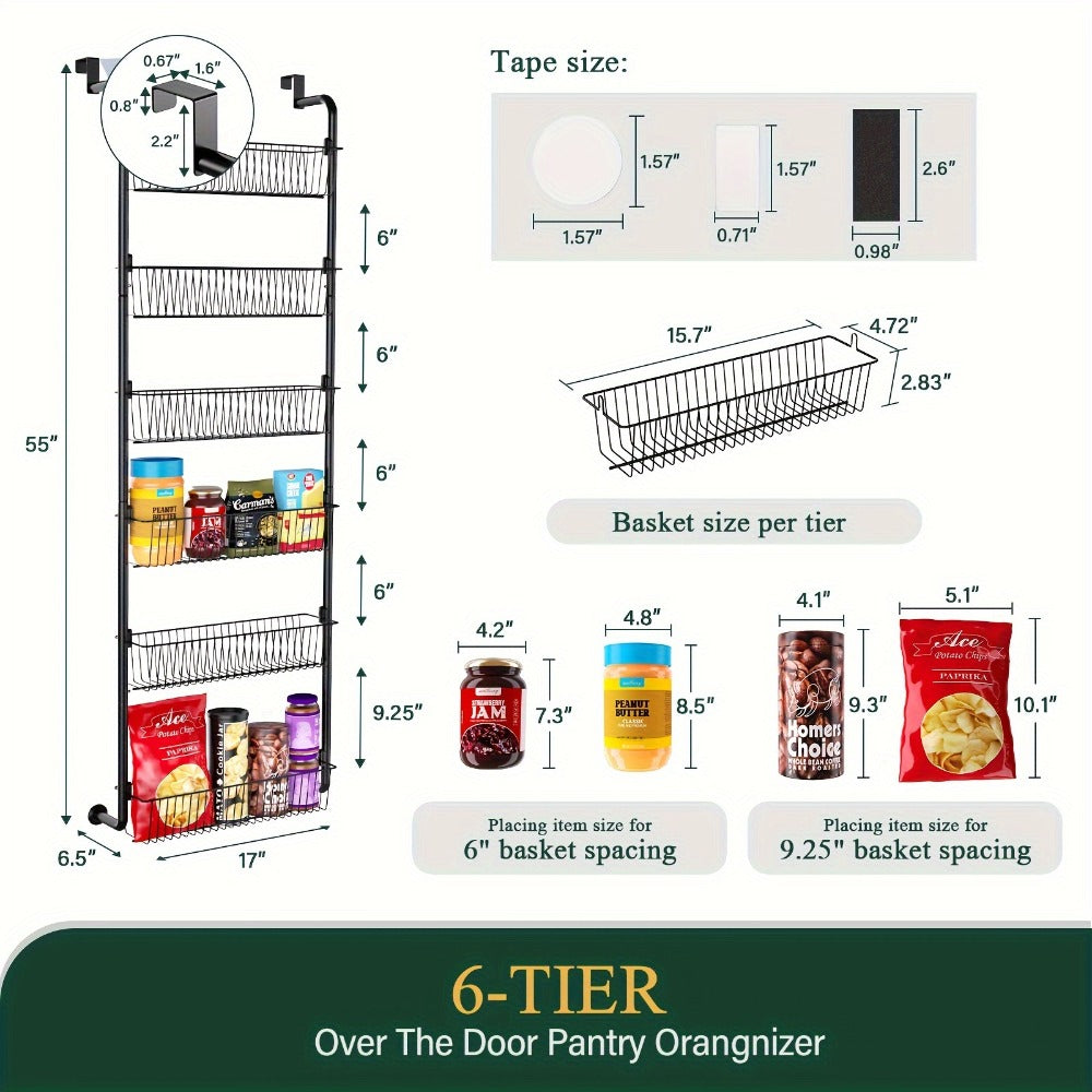 Over The Door Organizer - Heavy Duty Multi-Layer Pantry Storage Rack for Kitchen Bathroom Laundry Room, Space Saving Door Hanging Shelf, 6 or 8 Tier Metal Spice Food Storage Cabinet