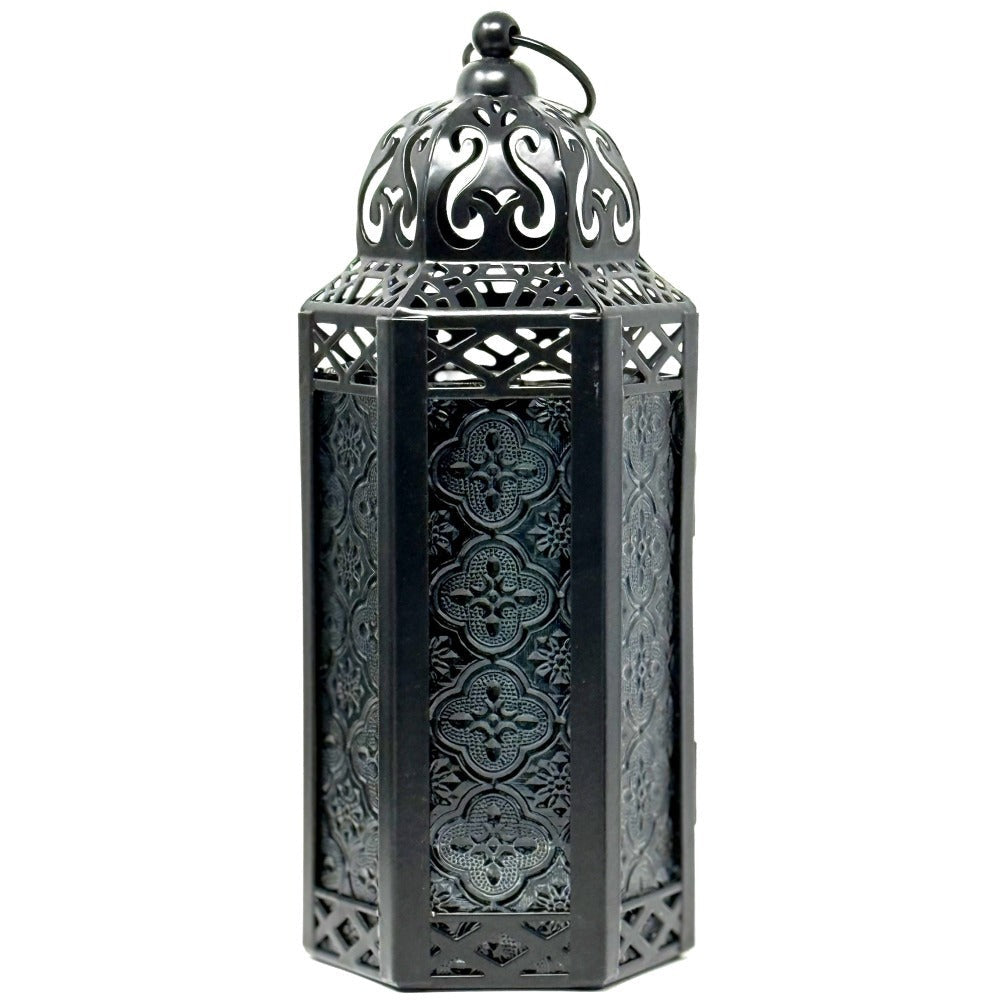 Moroccan Candle Lantern Holder - Decorative Metal & Glass Lantern with Embossed Floral Design for Indoor Home Decor, Garden, Patio, Weddings, Ramadan, Halloween & Holiday Celebrations - 10.5¡± Tall Medium Size