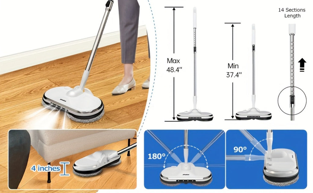 Cordless Electric Spin Mop with LED Headlight & Sprayer, 50-Min Runtime 6oz Water Tank, Lightweight Floor Scrubber for Hardwood Tile Laminate Floors