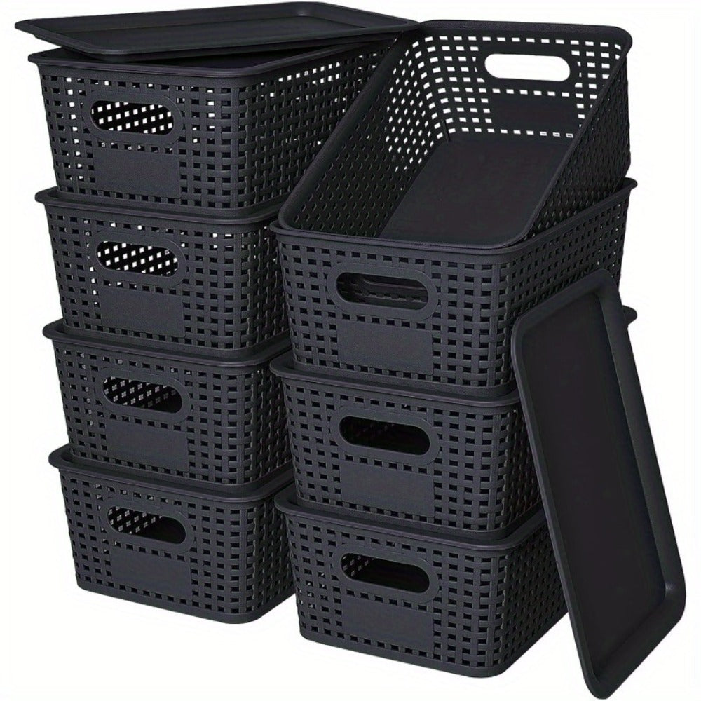 Storage Organizer Bins with Lids 4/8 Pack | Space-Saving Stackable Boxes 10¡±x7¡±x4¡± for Shelves, Closet & Desk - Declutter Bins for Dorm, Playroom & Office with File Organizer Bag, White Black Gray Red