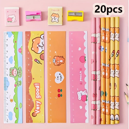 20-Piece Cartoon Pencil Stationery Set with Ruler Eraser Sharpener, Random Cartoon Styles, Kids School Supplies, Party Favor Prizes, Festival Gift Set for Students