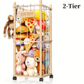 Stuffed Animal Storage Holder with Wheels Natural Pine Wood Plush Toy Organizer Zoo Rack - Large Capacity 2 or 3 Tier with Building Block Bag for Nursery Playroom Bedroom Space Saver