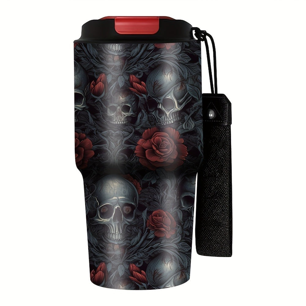 Insulated Tumbler 20oz Gothic Skull & Roses Stainless Steel Travel Mug with Carrying Strap, Coffee Cup Water Bottle for Camping Travel Halloween Gift