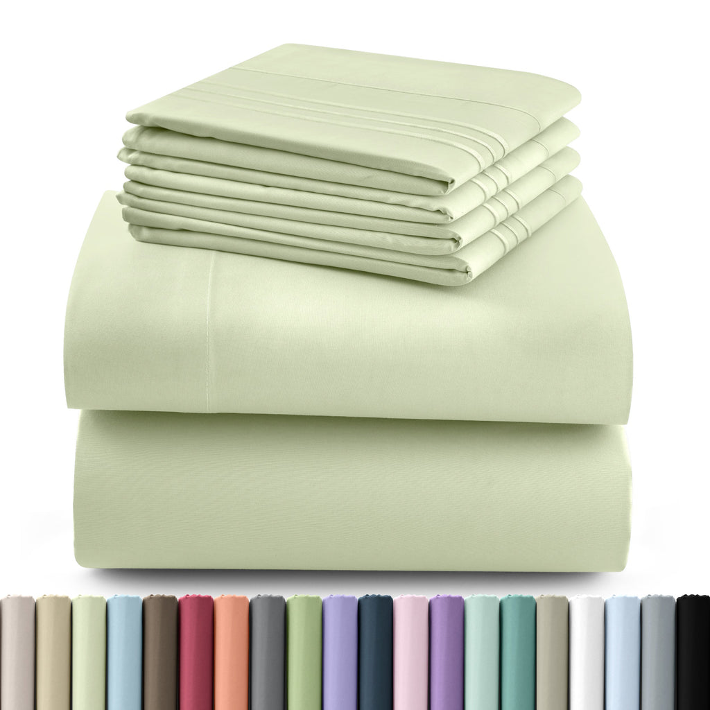 Fitted Sheet Set 6-Piece Brushed Polyester Deep Pocket Bed Sheets 20 Colors Hotel Luxury Soft Bedding with Embroidered Pillowcases