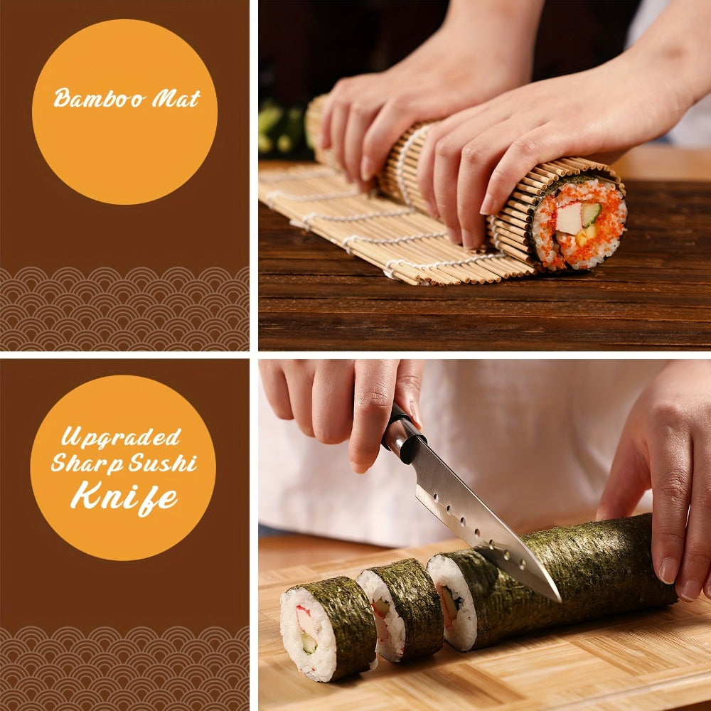 Sushi Making Kit 22-in-1 with Bamboo Rolling Mats Chef Knife Triangle Nigiri Gunkan Molds Chopsticks Beginner Guide ¨C Complete DIY Sushi Set for Home Kitchen Japanese Cooking Gift