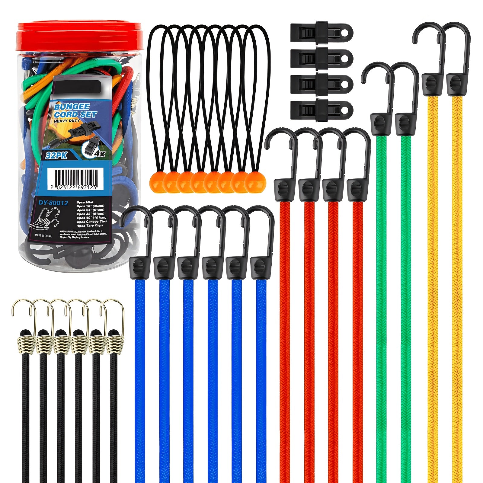 Bungee Cords Assortment 32pcs with Hooks 10 18 24 32 40 Inch Tarp Ball Ties and Tarp Clips Canopy Tie Down Kit for Camping Outdoor Moving Cargo Securing