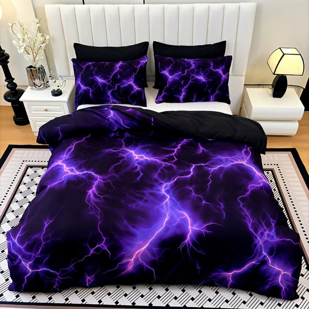 Duvet Cover Set 3 Piece Purple Lightning Digital Print - 100% Polyester Bedding Set with 2 Pillowcases, Twin Full Queen King, Colorful Graphic Bedroom Decor, Machine Washable