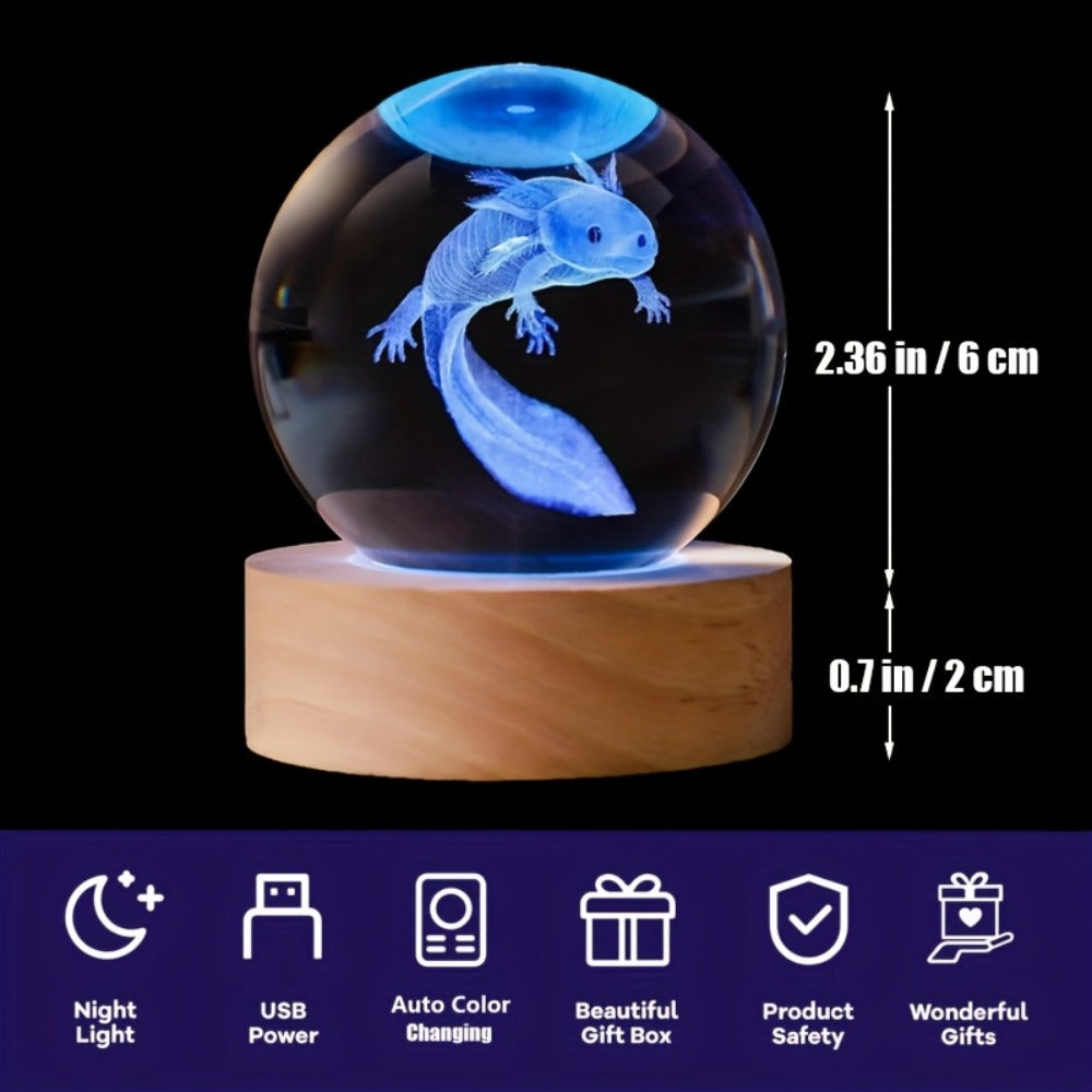 3D Axolotl Crystal Ball Night Light ¨C USB Powered LED Colorful Gradient Glow Orb Atmosphere Lamp with Bamboo Base, Amphibian Figurine Desk Light for Home Decor, Bedroom, Kids Room & Unique Gift (2.36in)