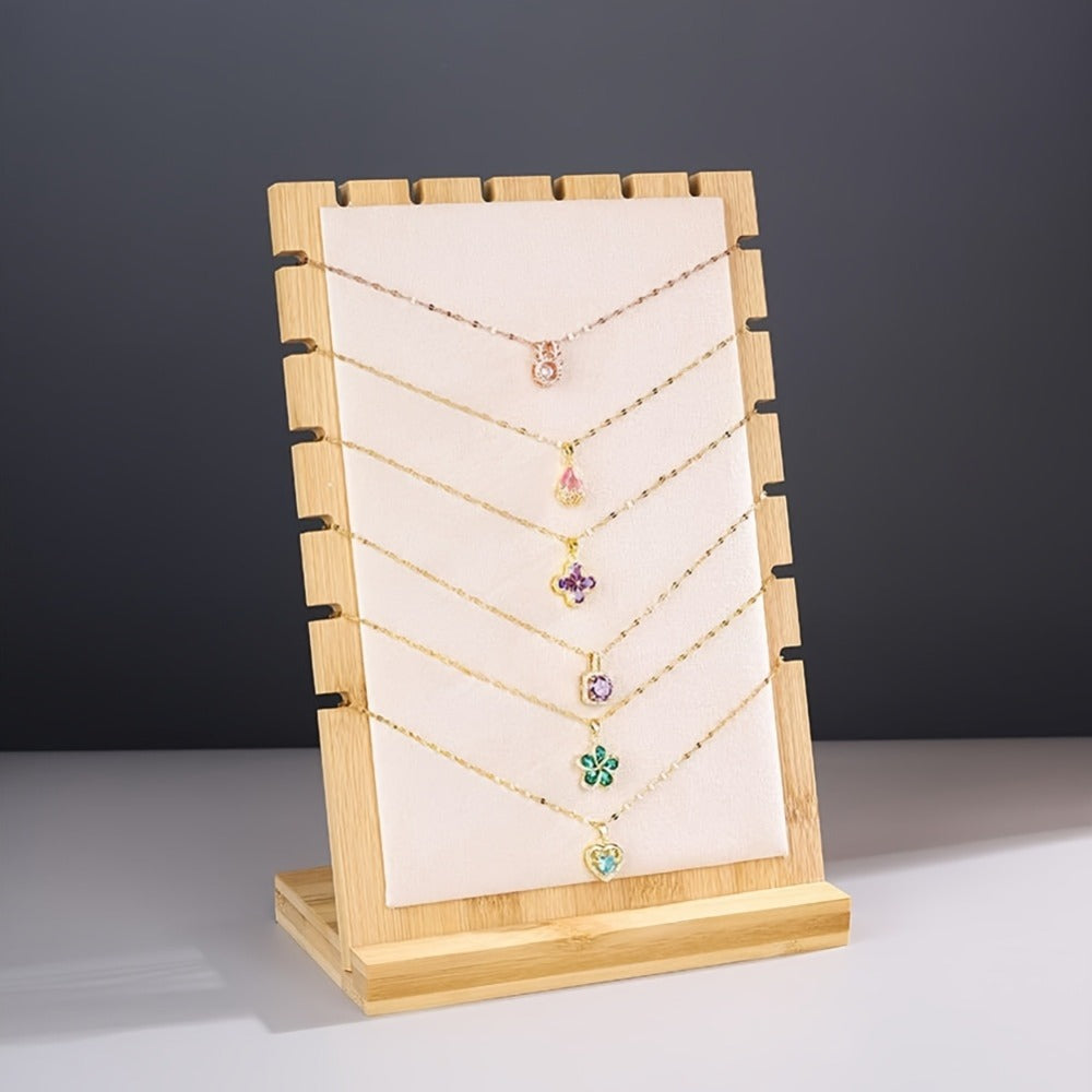 Bamboo Jewelry Necklace Display Stand 2 Pack - Multi-Hook Necklace Holder Tower, Tabletop Showcase Organizer for Retail Store, Beige Rectangle Jewelry Stand No Tools Required