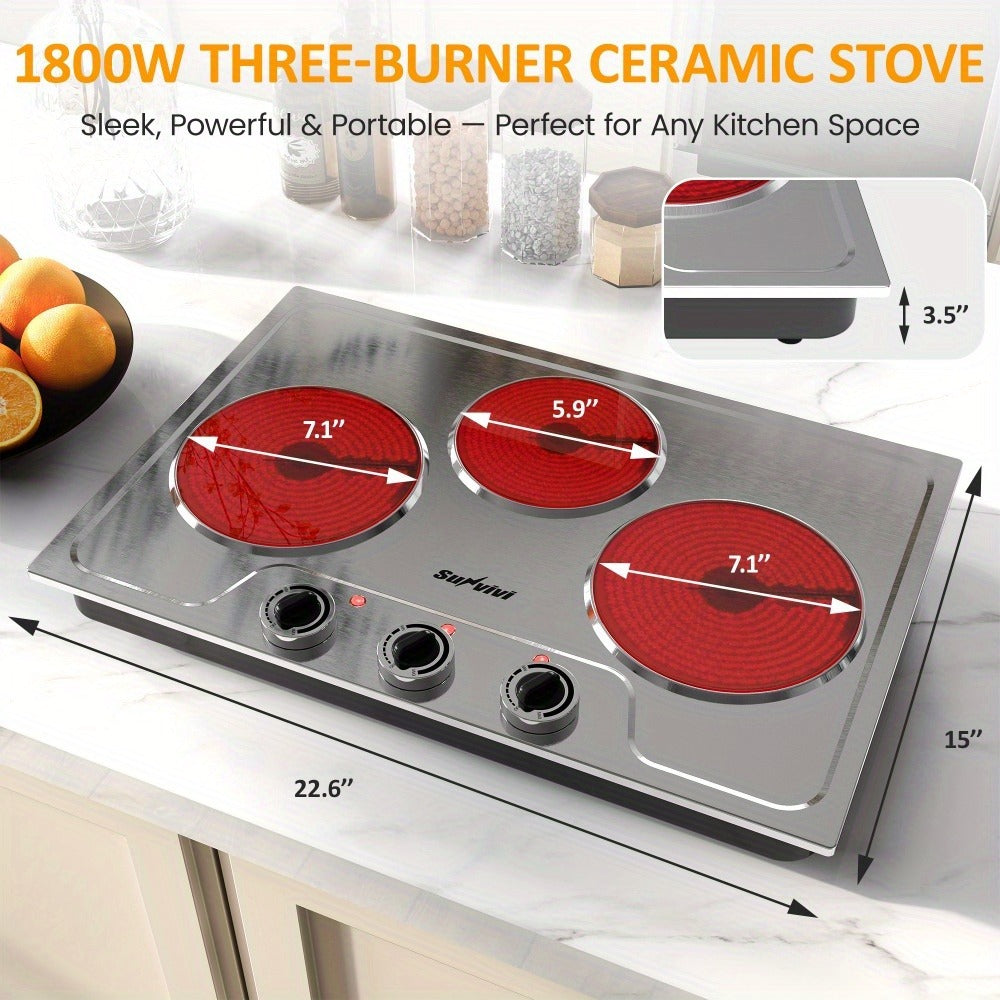 Portable Electric Cooktop Triple Burner 1800W ¨C Royalcraft Countertop Electric Stove with Knob Control, Indicator Light, Compatible with All Cookware, Silver