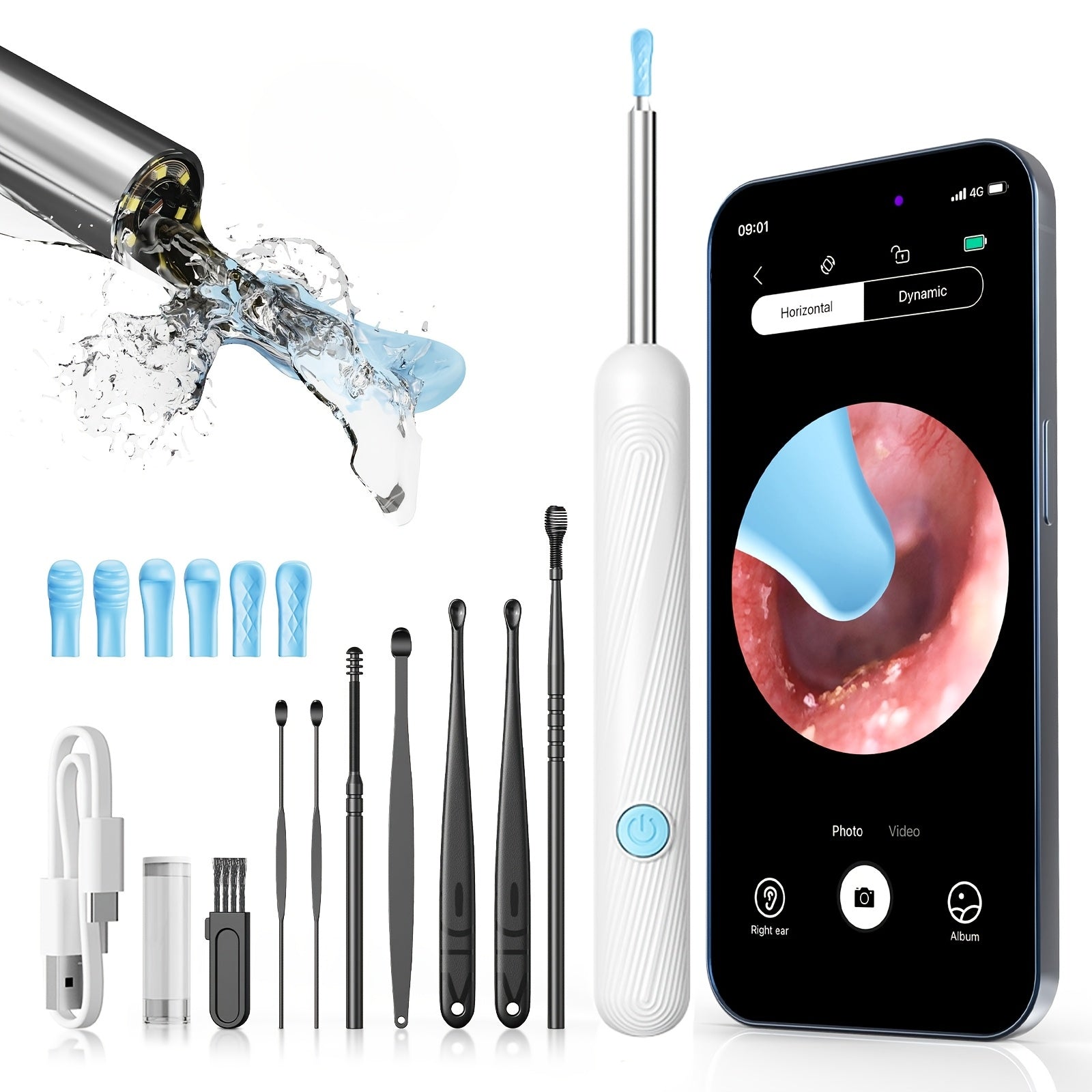 Ear Wax Removal Camera Visual Ear Cleaner 1080P HD ¨C 6 Safety Ear Spoons 7-Piece Kit, USB Charging, Real-Time Smartphone Inspection, Portable Ear Cleaning Tool for Adults Kids, Black and White