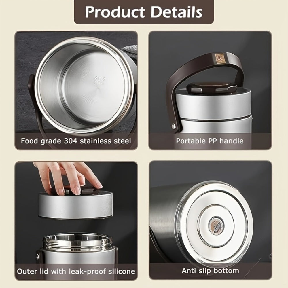 Insulated Lunch Box 3-Layer 304 Stainless Steel Vacuum | 67.63oz Triple Compartment Leakproof Food Container | Keep Warm 6 Hours for Office Travel Picnic Outdoor Meals