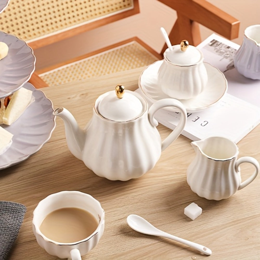 Porcelain Tea Set Service for 6 British Royal Floral Design with Teapot Sugar Bowl Cream Pitcher Teaspoons Tea Strainer 8oz Cups Saucers for High Tea Wedding Party Gift