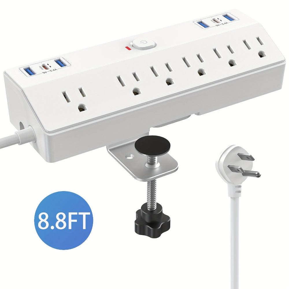 Desk Clamp Power Strip 12-in-1 Surge Protector with 6 Outlets 4 USB-A 2 USB-C PD 20W 40W Fast Charging Desktop Mount Flat Plug for Home Office Tabletop