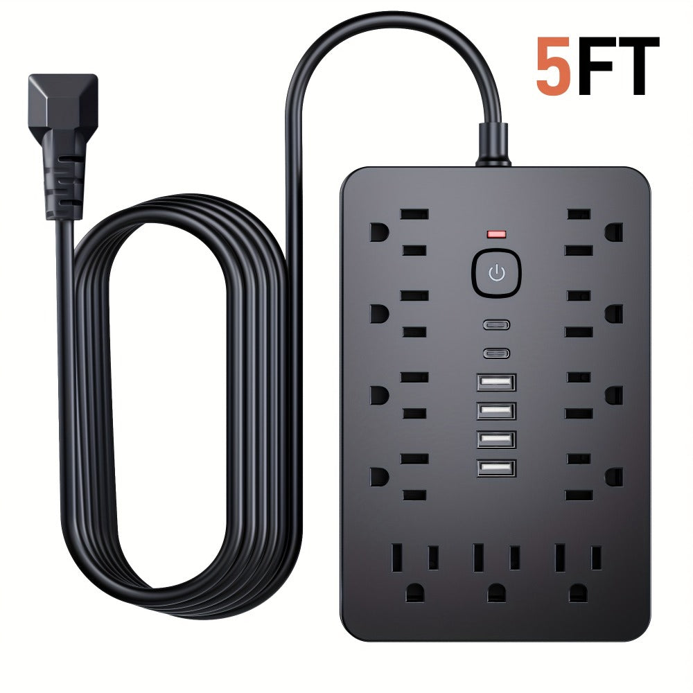 Surge Protector Power Strip 17-in-1 with 11 AC Outlets 4 USB-A 2 USB-C Ports Flat Plug Extension Cord Space-Saving Compact Design for Home Office Kitchen Desk Wall Charging Station