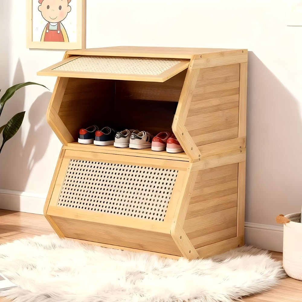 Bamboo Shoe Rack with Flip Drawer Freestanding Narrow Entryway Shoe Organizer 2 Sizes Stackable Storage for Living Room Bedroom